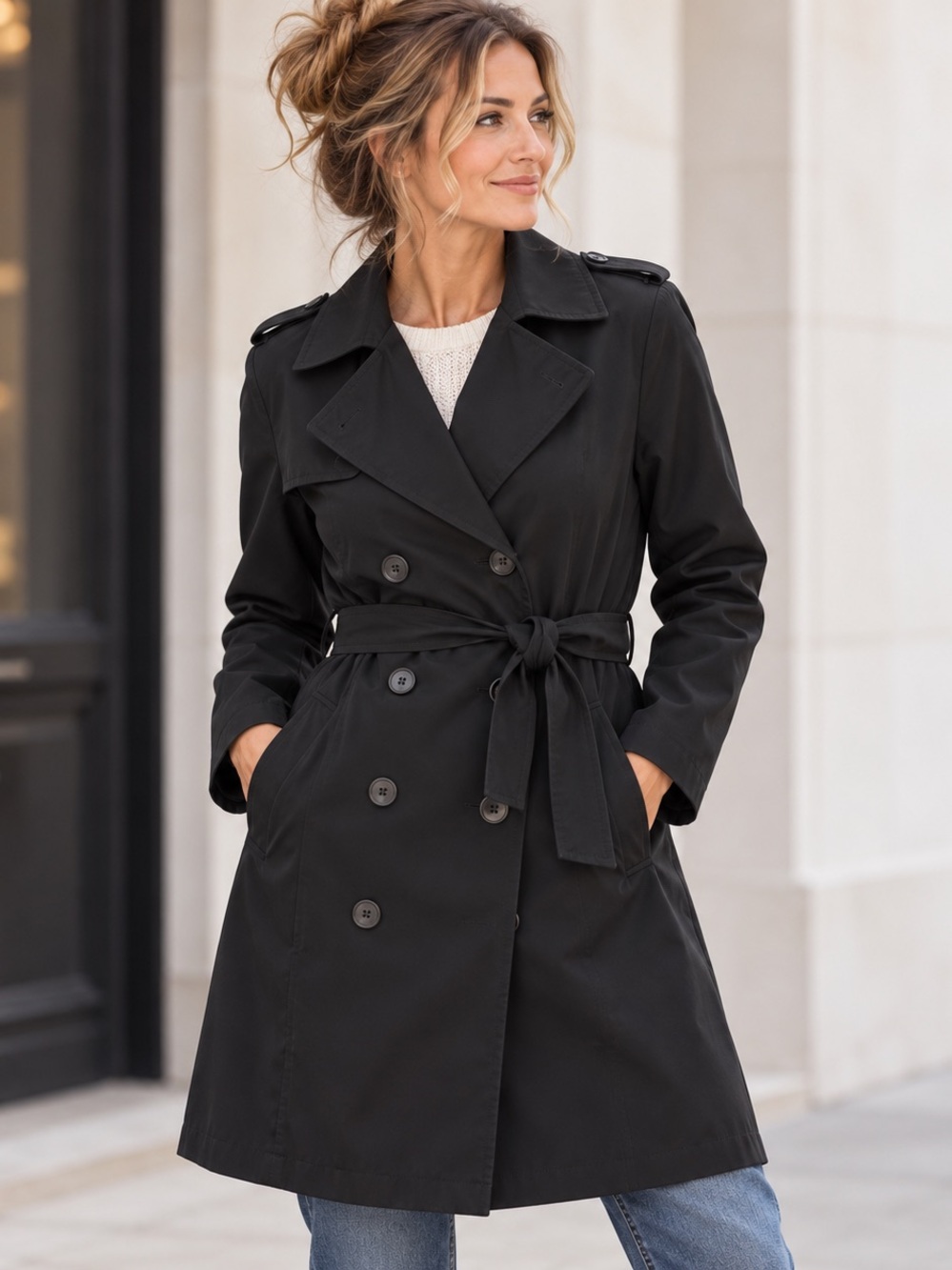 Black Double-Breasted Belted Trench Coat